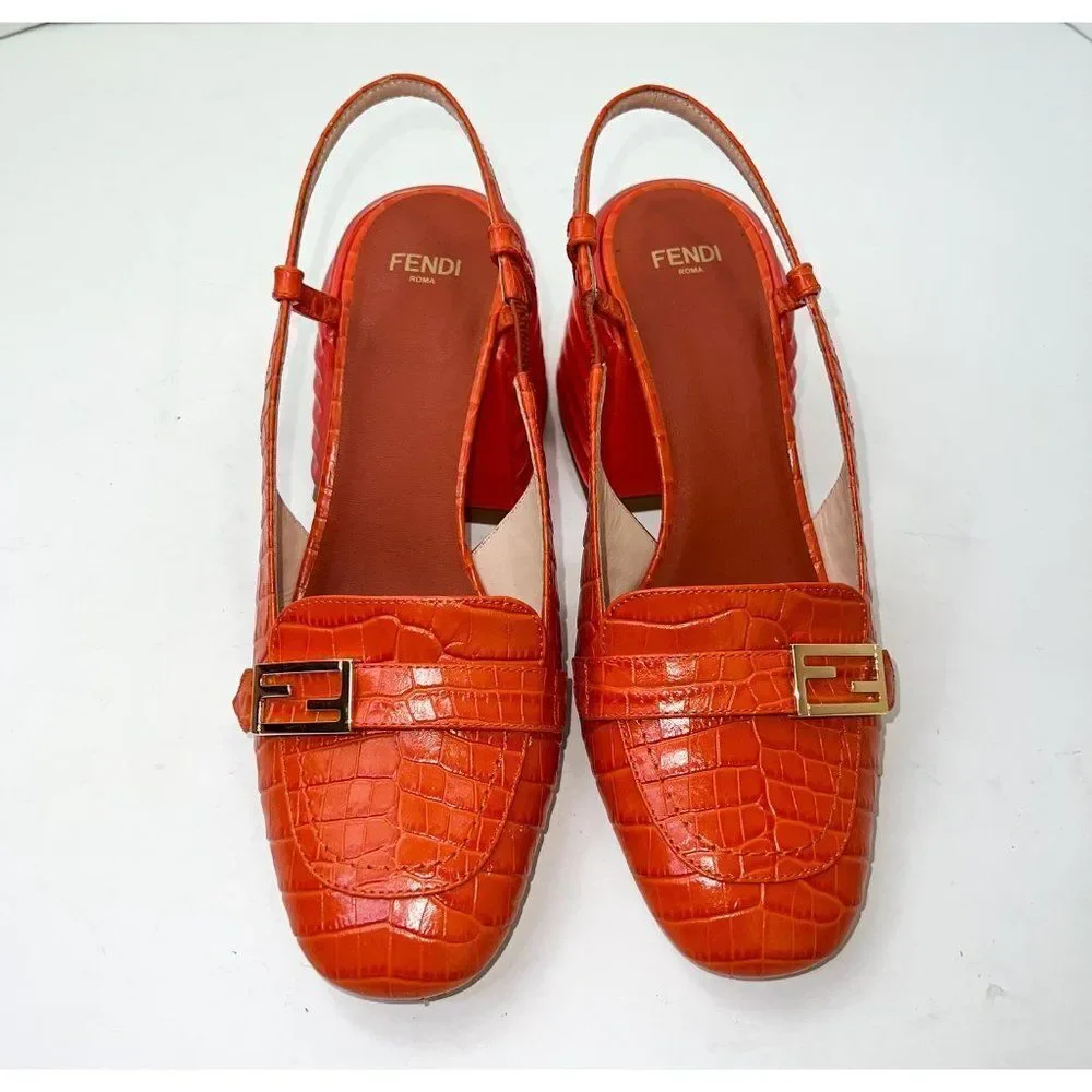 FENDI Orange Rust Runway Croc Effect FF Logo Buckle Slingback Pumps Size… - Picture 6 of 16